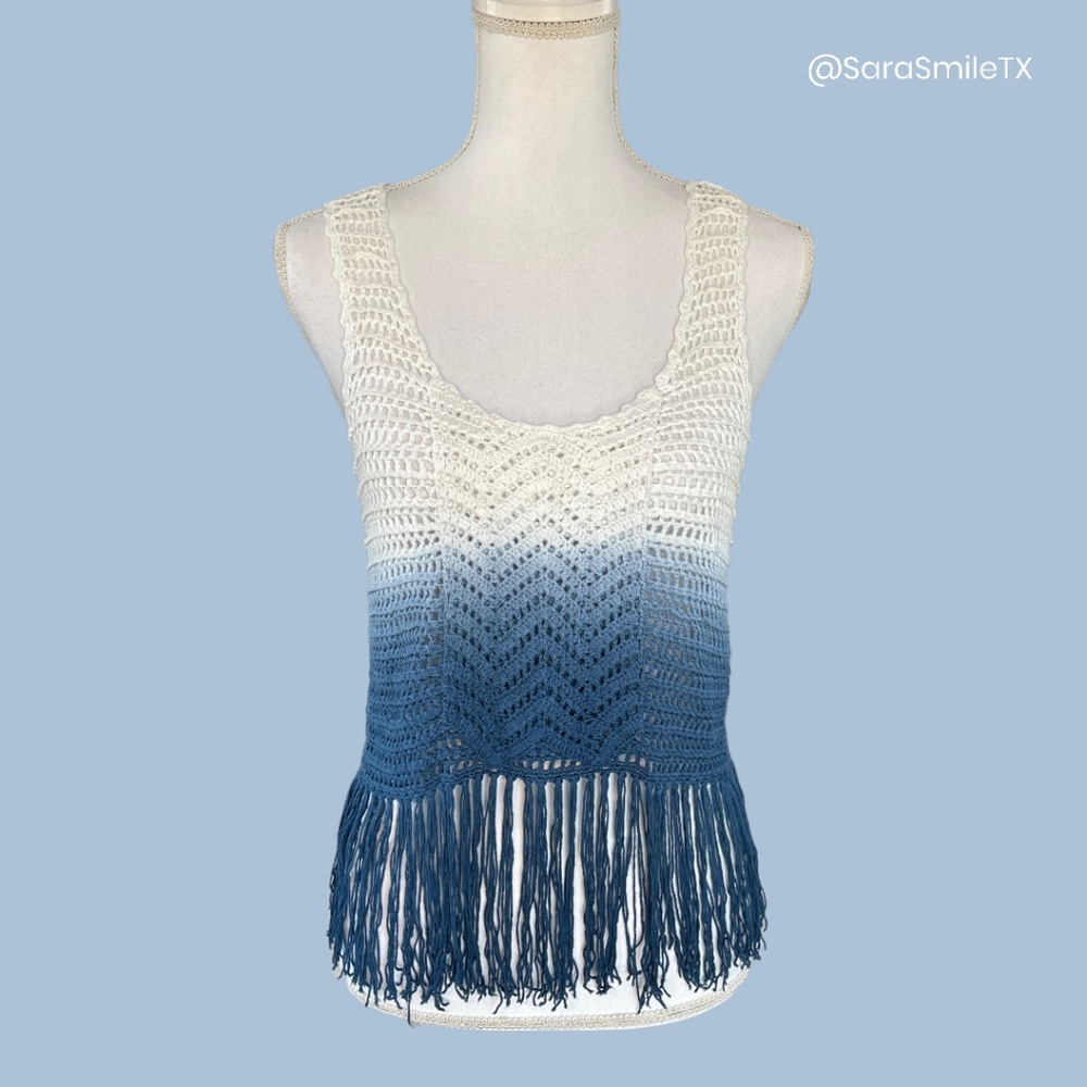 TORN BY RONNY KOBO Boho Blue Ombre Open Knit Tassel Fringe Tank Top - NWOT